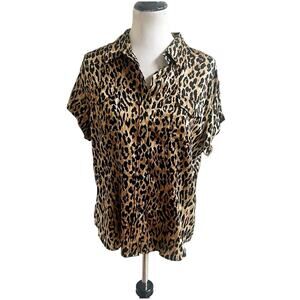 Chico’s Vintage Animal Print Short Sleeve Button Down Blouse Collared Size Med